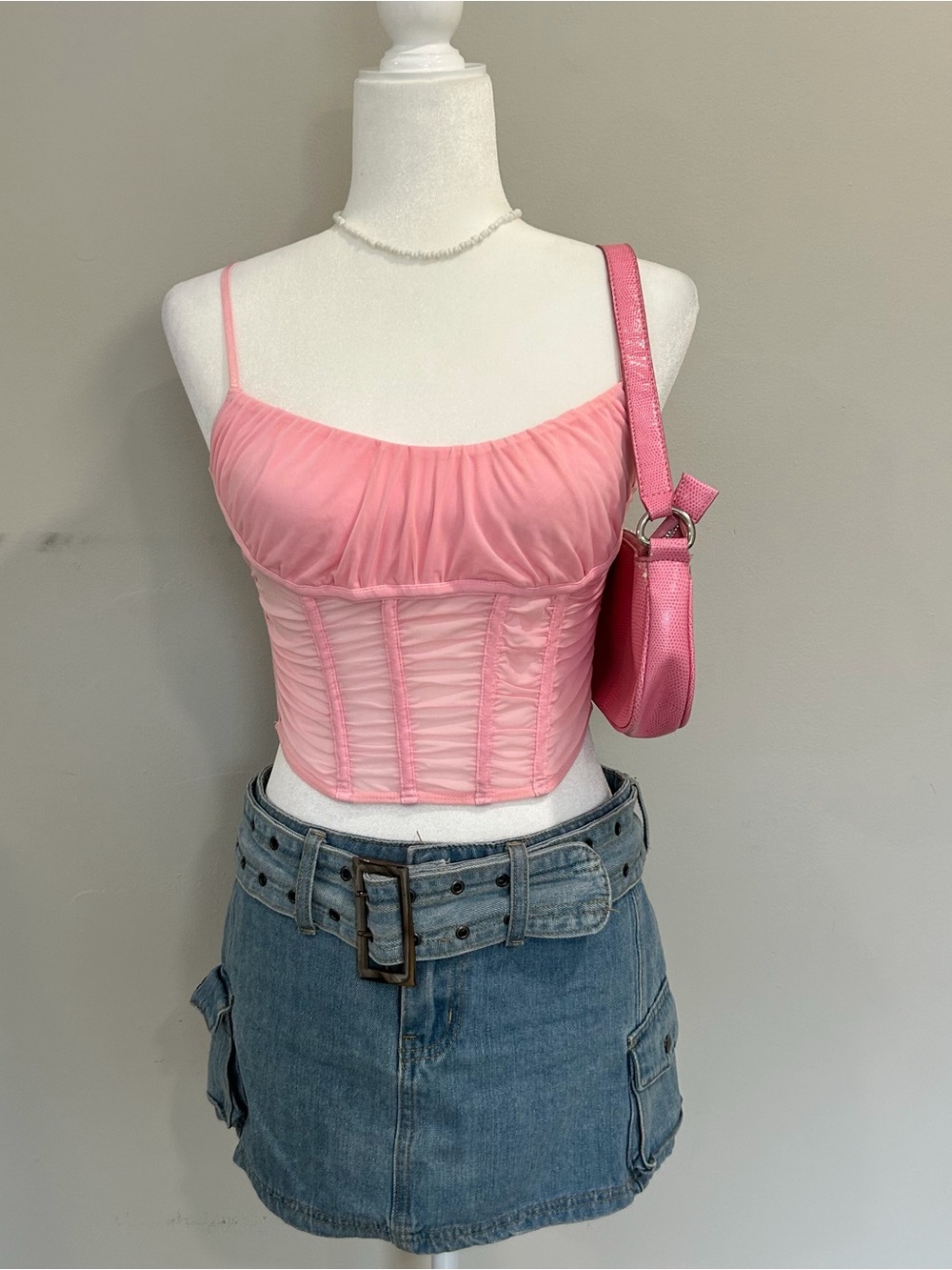 Ruched Pink Corset-Style Camisole Tank Top